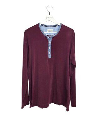Lindbergh Long Sleeve Henley Shirt, Cotton, Denim Chambray Trim, Size XXL